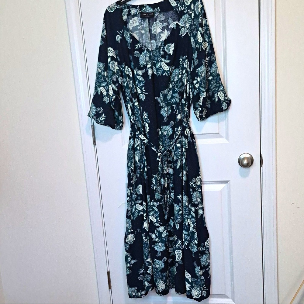 Lane Bryant Women's Floral V-Neck Tie Waist Midi Dress 3/4 Sleeve Size 16